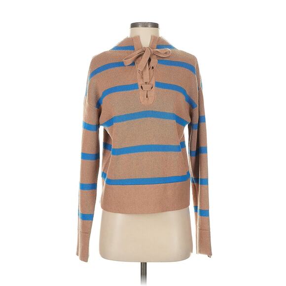 Everlane Lace Up Smock Sweater Knit Chestnut Brown Blue Striped Wool NWT - Picture 4 of 8